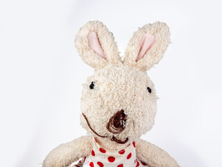 old bunny doll on white, old dirty rabbit doll