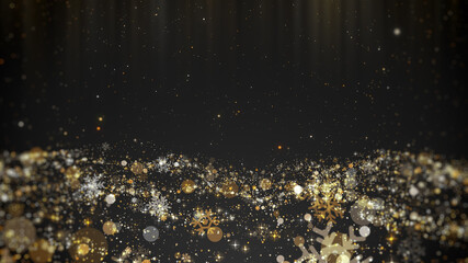 Christmas background with gold snowflakes, stars and shining gold particles with copy space for...