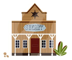 Wild west sheriff building background. Western american town in wilderness vector illustration. Police house with door, windows and banner front view. Cactus and rocks on desert land
