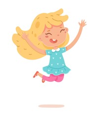 Smiling girl jumping for joy and hands up. Cute child wearing dress and bow in hair, isolated person on white background. Vector character illustration of children gestures, emotions, types of moods.