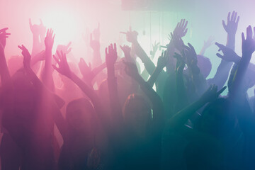 Photo of big company many people crazy atmosphere dance floor neon bright spotlight modern club...