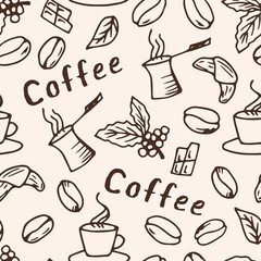 Brown outline grain, cezve, cup, chocolate  on a light background. Vector seamless pattern for design of coffee products, wrapping paper, textiles, label.