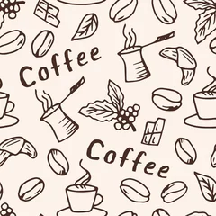 Wallpaper murals Coffee Brown outline grain, cezve, cup, chocolate  on a light background. Vector seamless pattern for design of coffee products, wrapping paper, textiles, label.