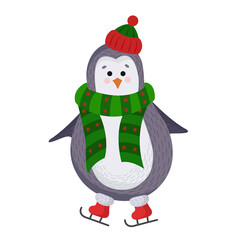 new year and Christmas purple penguin penguin in a knitted hat, green scarf and ice skates isolated on a white background. Penguin in flat style. for Christmas cards and Souvenirs