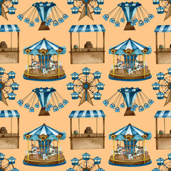 Watercolor seamless pattern with carousels nad balloons. Christmas market hand drawn background