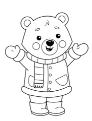 Coloring page of a cute cartoon teddy bear in winter clothes. Coloring book for kids