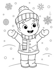 Coloring page of a cute cartoon kid in winter clothes enjoying the snow. Coloring book for kids