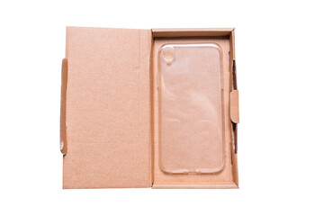 Brown flat cardboard box for cellphone, smartphone case packaging.