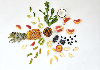 Beautiful composition of various fruits on a white background.