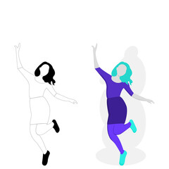 Vector flat cartoon of young girl, woman is enjoying her right arm and left leg up in doodle (white and black ) and colorful with silhouett. Concept for relaxing time and exercise for web or banner.
