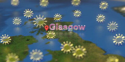 Glasgow city and sunny weather icon on the map, weather forecast related 3D rendering
