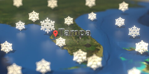 Tampa city and snowy weather icon on the map, weather forecast related 3D rendering