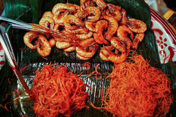 Traditional thai street food - fried shrimps.