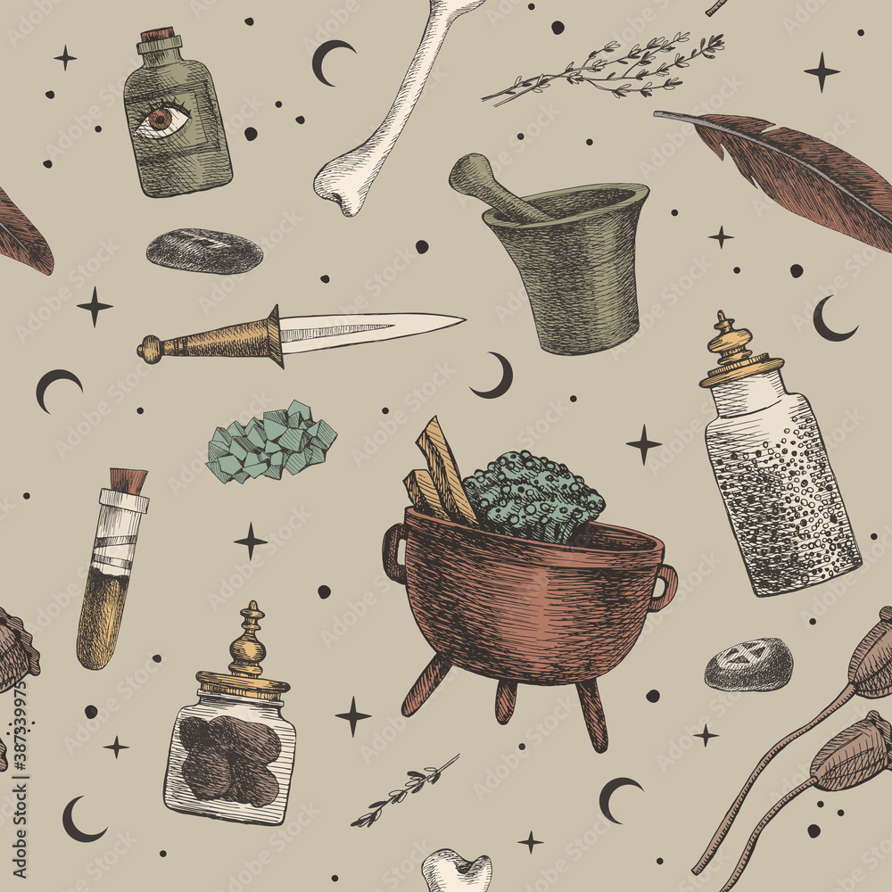 Aufkleber Seamless pattern with magic background for witches and wizards. Mystical objects for witchcraft vector illustration. Pot, jars of potion, knife, mortar, feather. Wicca and pagan traditions.