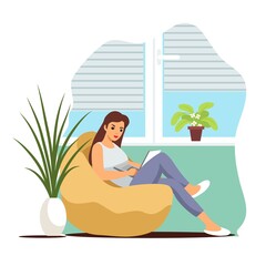 Woman working at home or office. Girl sitting in armchair with computer. Inside activities vector illustration. Remote workplace for freelance, modern trendy lifestyle space