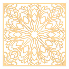 Laser cutting panel. Decal or stencil. Interior window. Golden floral pattern. Gift or favor box silhouette ornament. Vector coaster design for metal, wood, paper work. Cricut flower.