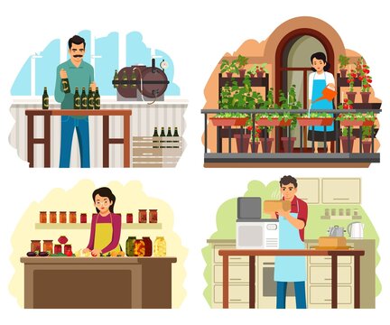 People preparing food in jars, cans and bottles at home set. Woman making jam from fruit and vegetables in cans, girl with plants, man baking bread, guy with beer. Homemade vector illustration