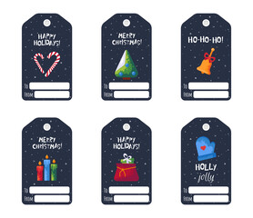 Christmas and New Year tags set with mittens, gift, liquorice stick and etc. Collection of holiday gift tags with design elements