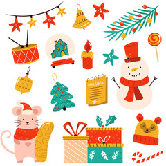 Holiday set with cute characters and decorative Christmas elements. Festive vector illustrations
