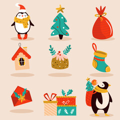 Holiday set with cute characters and decorative Christmas elements. Festive vector illustrations