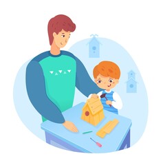 Kid building birdhouse at class. Boy and parent or teacher crafting house for birds from wood with hammer, nails. Weekend hobby activities vector. Smart child having fun illustration