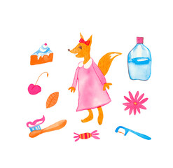 A watercolor set of cute children's dentist hand drawn.Clip art with fox,floss,brush,mouthwash,flowers,candy and cake on a white isolated background.Design for social networks,cards,banners.