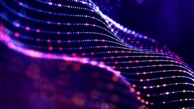 4k looped sci-fi particle background of microworld or space with bokeh and light effects. Glow blue particles form lines, surfaces, complex string structures in smooth motion.