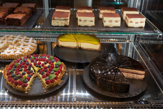 Delicious cakes and pies in cake and pastry restaurant