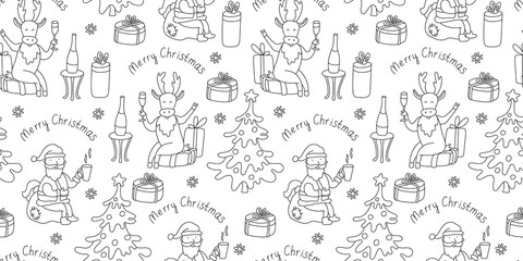 Vector seamless pattern with Christmas trees, deer and Santa  drinking champagne, gift boxes and snowflakes on white background. Doodle sketch style. Black outline. Great for fabrics, wrapping papers.