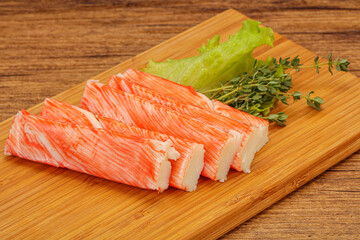 Crab sticks served salad leaves