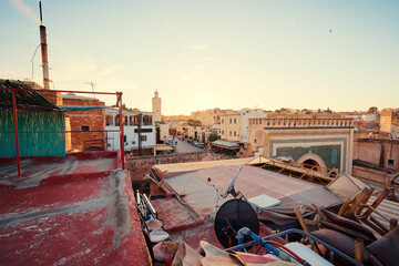View of Fez City from the roof top terrace. Fes el Bali Medina, Morocco, Africa. © Loginova