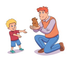 Kid getting pet hamster for birthday present. Little boy receiveing animal as gift from father. Cute hamster brings joy and happiness on holiday. Congatulation from parents vector illustration