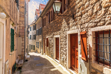 Narrow european street in the old town of Herceg Novi, Montenegro