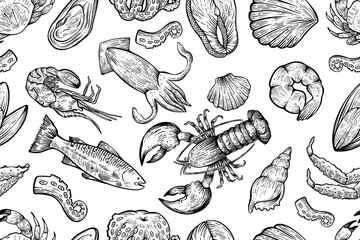Seafoos seamless pattern. hand drawn vector