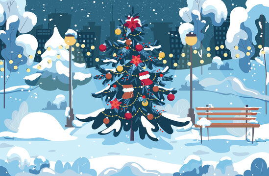 Scenic winter evening view of a Christmas tree in city park. New year celebrated with cityscape background. Festive vector illustration in cartoon style.
