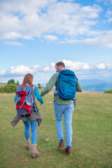 Happy couple hiking and enjoying a valley view. Photo taken from back.