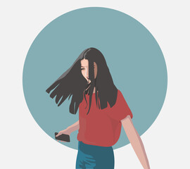 Beautiful young teenager happy girl with black haircut. Vector illustration of a woman