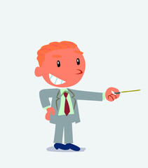  happy cartoon character of businessman points with pointer to the side
