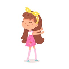 Sad angry girl standing and fighting. Frustrated child with dislike face expression. Negative emotion and distress vector illustration. Cute little kid in bad mood on white background