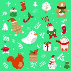 Christmas collection with cute animals, snowman, penguin, squirrel, gingerbread, Christmas tree, snowflakes, sock, gift box