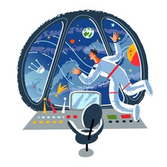 Obraz premium Astronaut looking at cosmos in spaceship. Happy man in rocket looking through window at night sky with planets, comets, satellites, Earth. Moon and planet travel vector illustration
