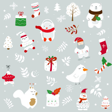 Christmas collection with cute animals, snowman, penguin, squirrel, gingerbread, Christmas tree, snowflakes, sock, gift box