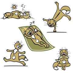 Set of five emoticons, funny cats that sunbathe, whistles, run, stand on their arms and eat fish, color vector clip art on a white isolated background
