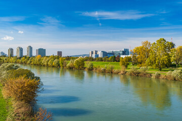 Croatia, city of Zagreb, Sava river and modern towers skyline in autumn