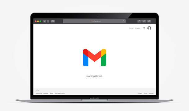 TURKEY, ANTALYA - OCTOBER 23, 2020: Apple inc. MacBook Air with open mail Gmail Google. Gmail mail loading page from google in Safari browser. Vector illustration EPS10