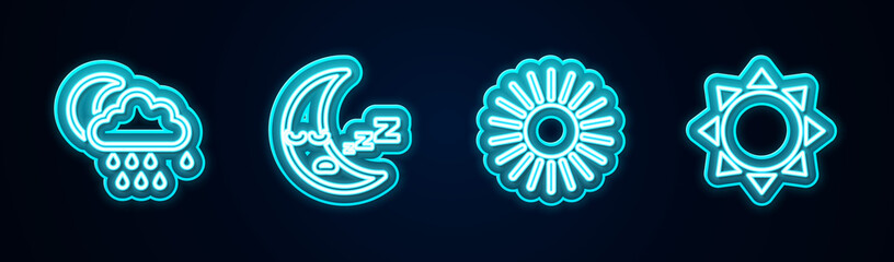 Set line Cloud with rain and moon, Moon icon, Sun and . Glowing neon icon. Vector. © vector_v