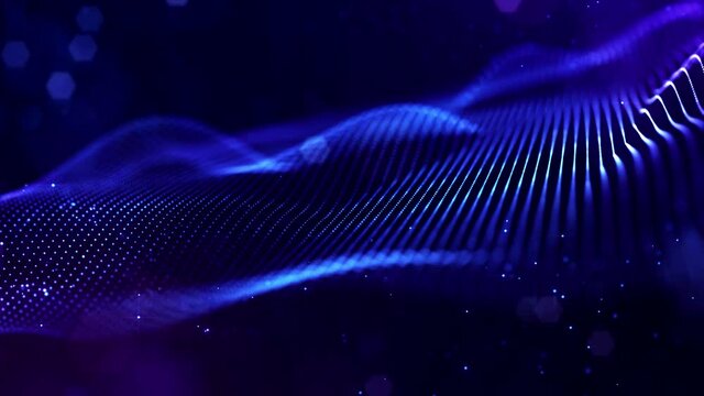 4k looped sci-fi particle background of microworld or space with bokeh and light effects. Glow blue particles form lines, surfaces, complex string structures in smooth motion.