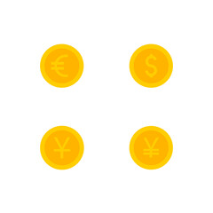This is a set of coin icons in a flat style on white background. Gold coins Dollar, Euro, Yen, and Yuan.