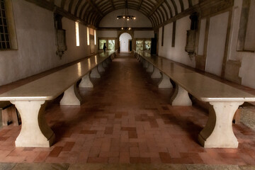 Room With Two Long Stone Tables And Ribbed Vaulted Ceiling. Tomar, Portugal.