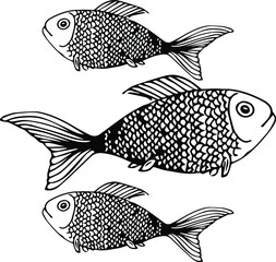 Three fish swim in different directions. Fish drawing.